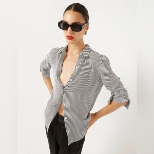 Black and White Striped Button-Up Shirt 100% silk